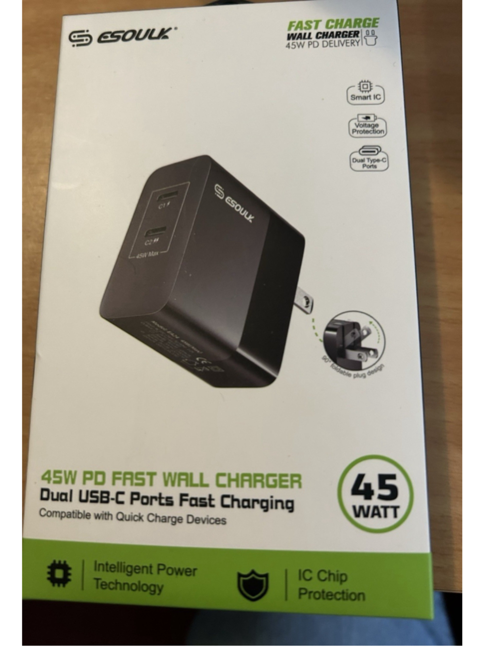 Esould 45W PD Fast Wall Charger Dual USB=C Ports Fast Charging White